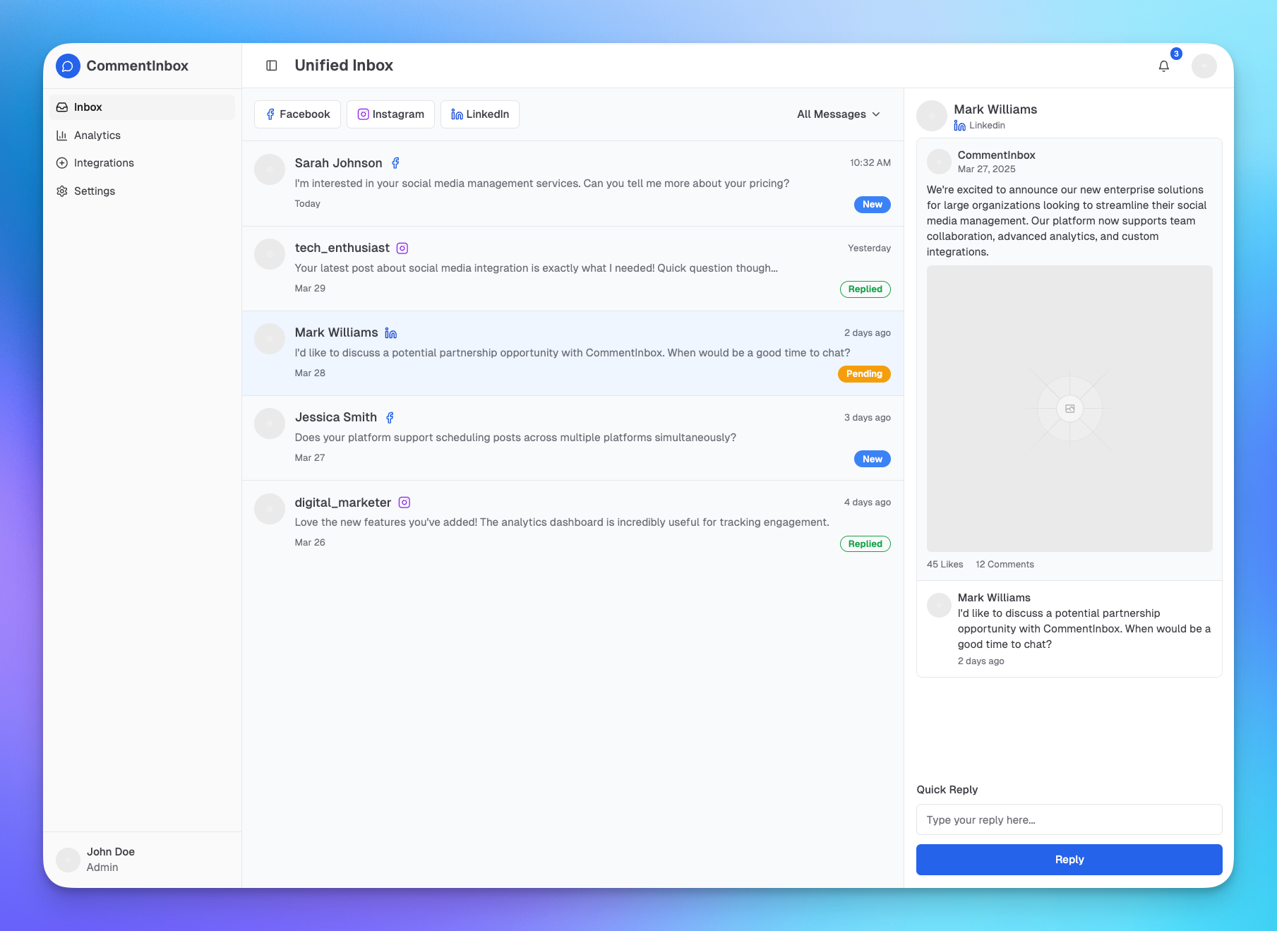 Comment Inbox Dashboard showing integrated comments from different platforms
